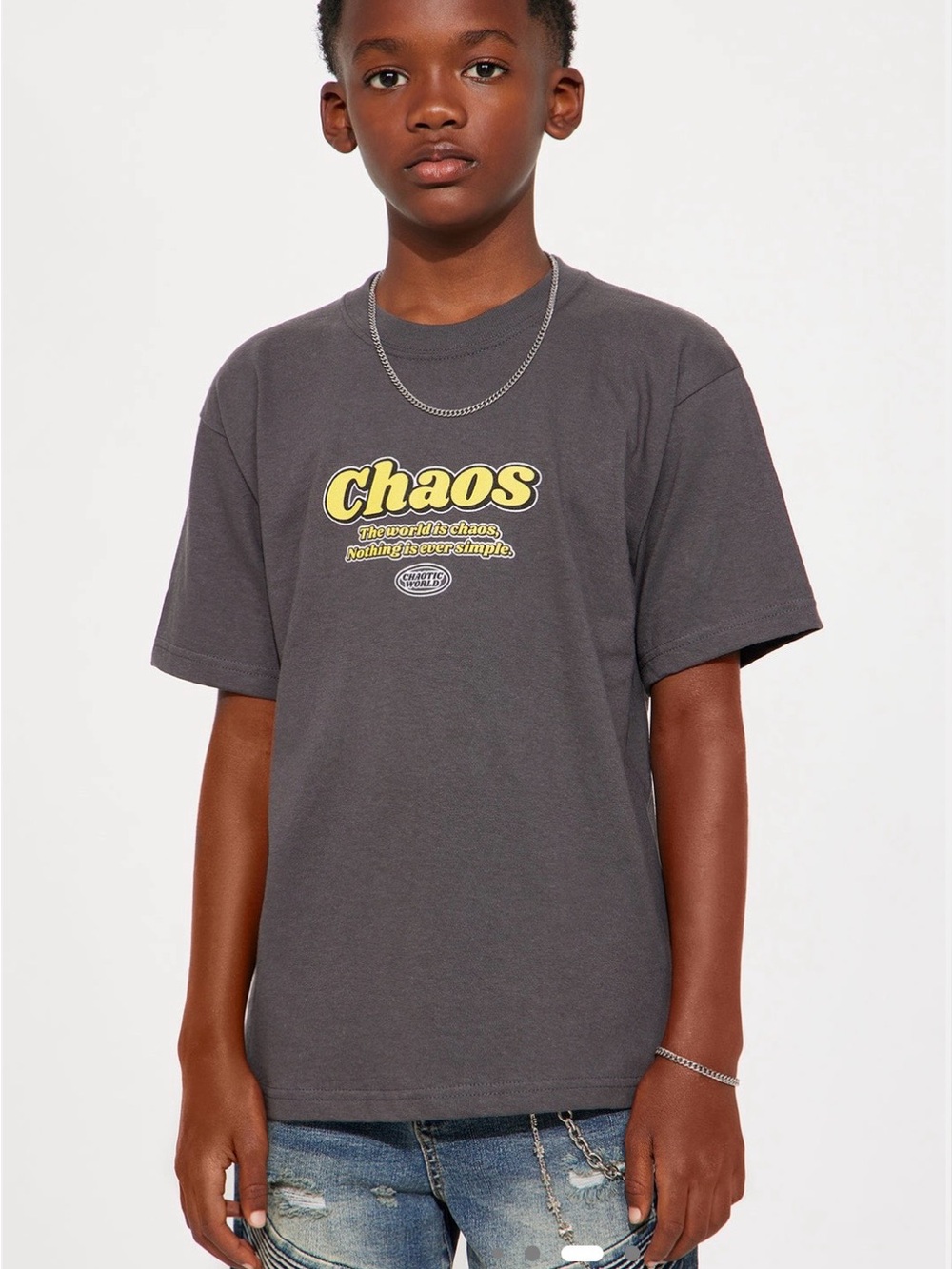 NWT FASHION NOVA Mini Chaotic World Front/Back Short Sleeve Tee - Grey
